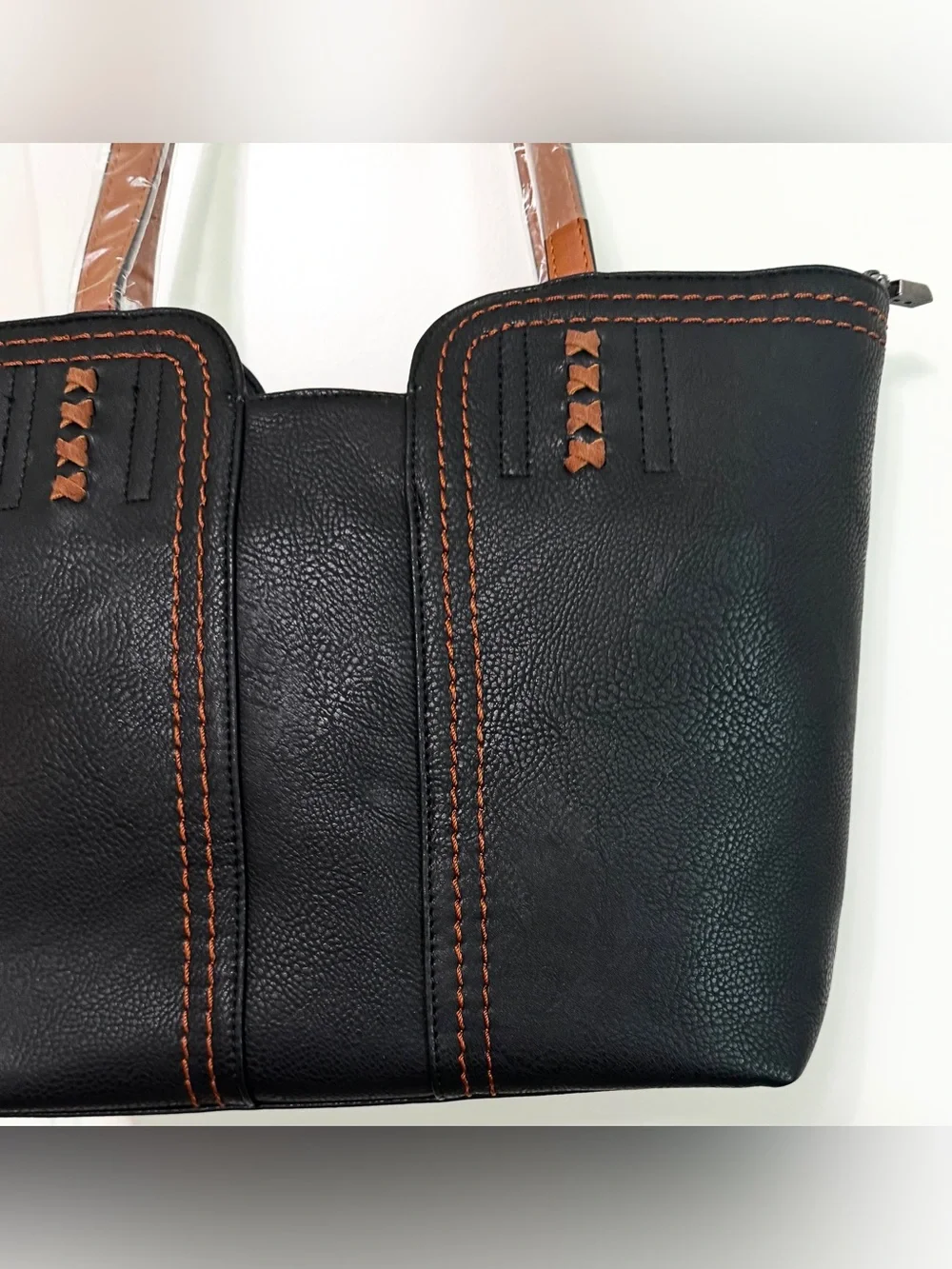 Montana West Black Tote Shoulder Bag Contrast Stitch Vegan Leather Zip Top - Picture 6 of 16